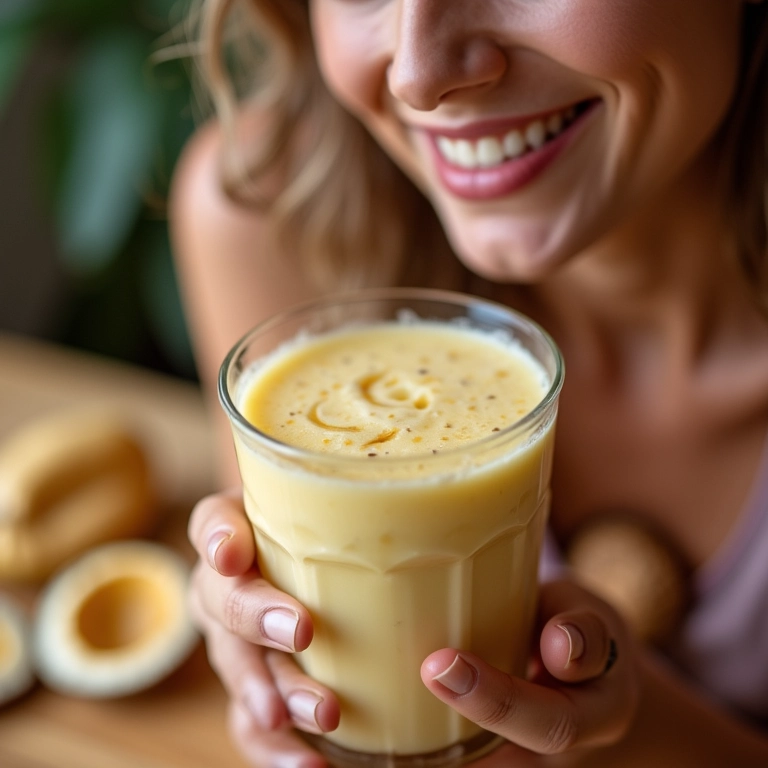 Mulher tomando smoothie com óleo de coco para fortalecer imunidade.
