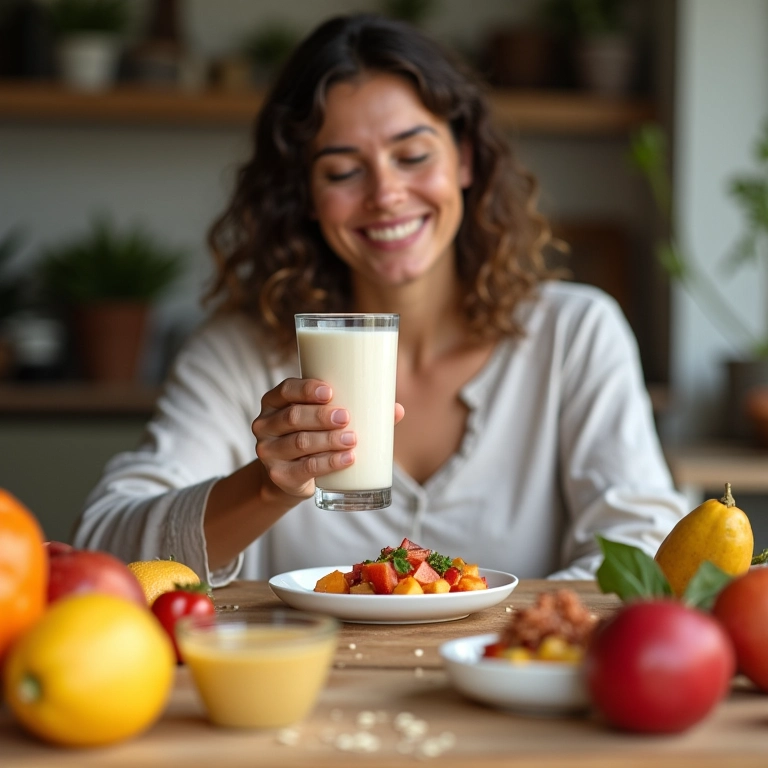 Mulher tomando vitamina de aveia em uma mesa de café da manhã farta, uma refeição rápida e nutritiva.
