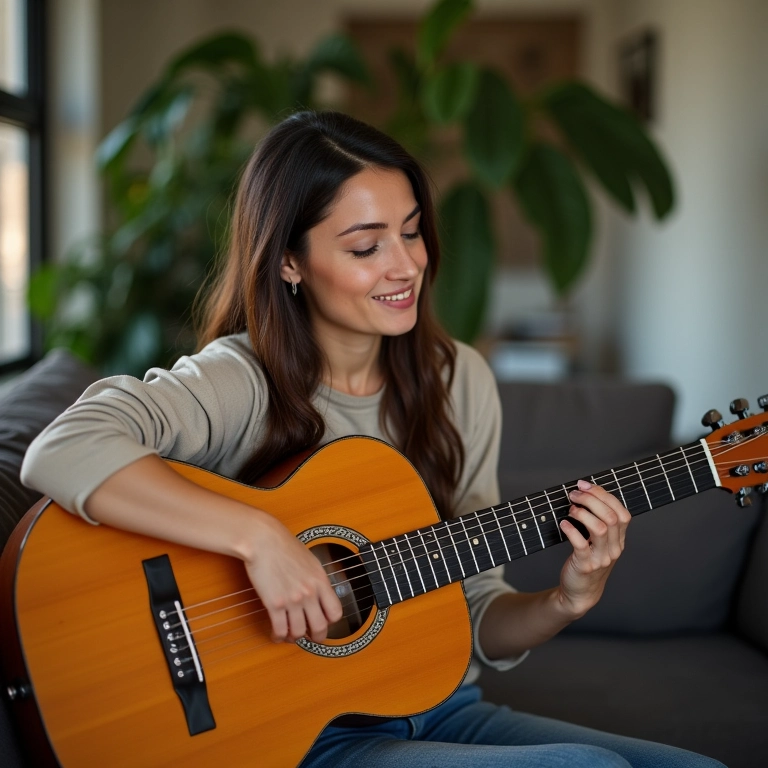 Mulher transformando informações em música com um violão.