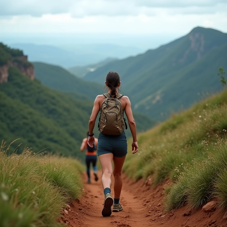 Mulher trilhando uma montanha, com uma expressão determinada.