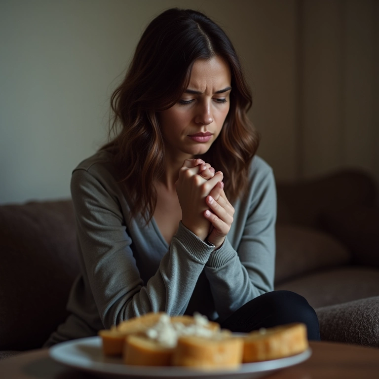 Mulher triste sentada sozinha com comida, representando problemas emocionais.