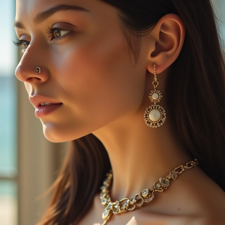 Mulher usando bijuteria/joia marcante, close-up.