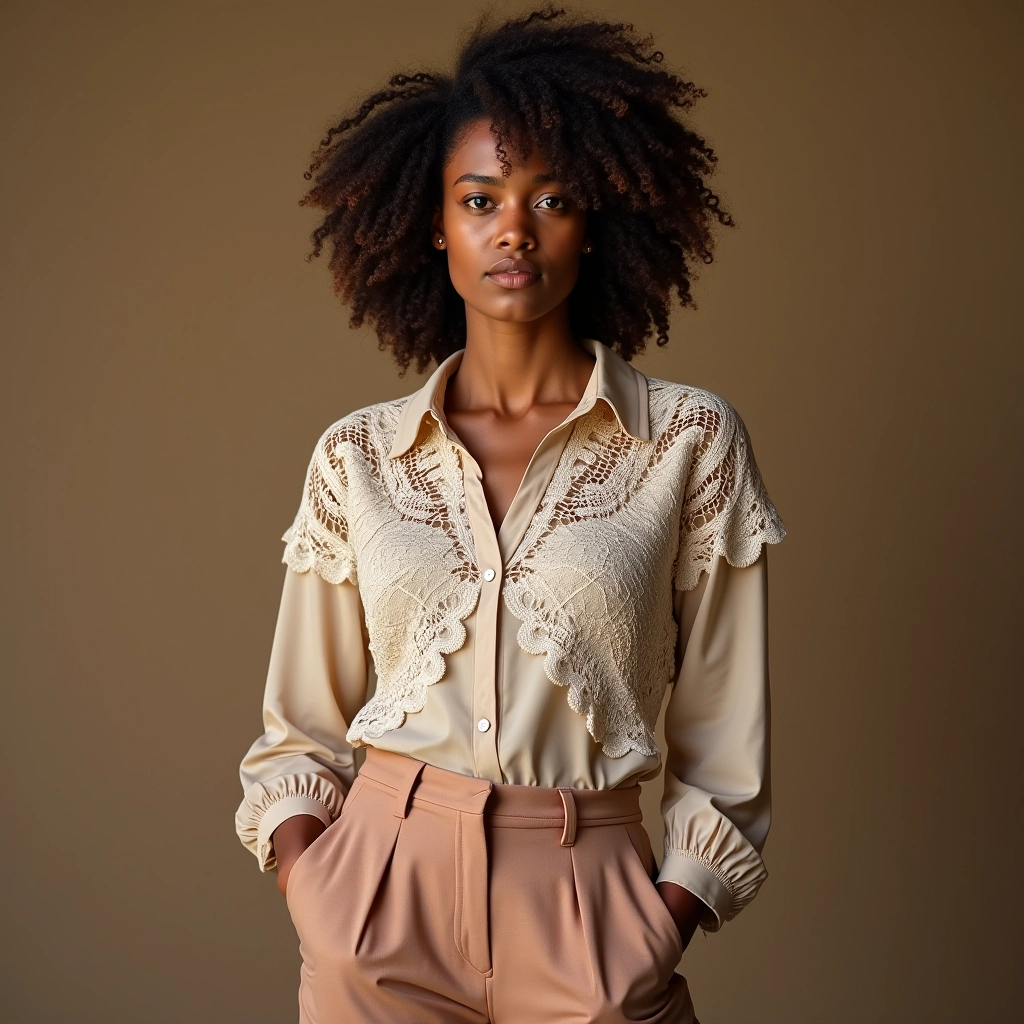 Mulher usando bolero de crochê com calça de tecido e blusa de seda.