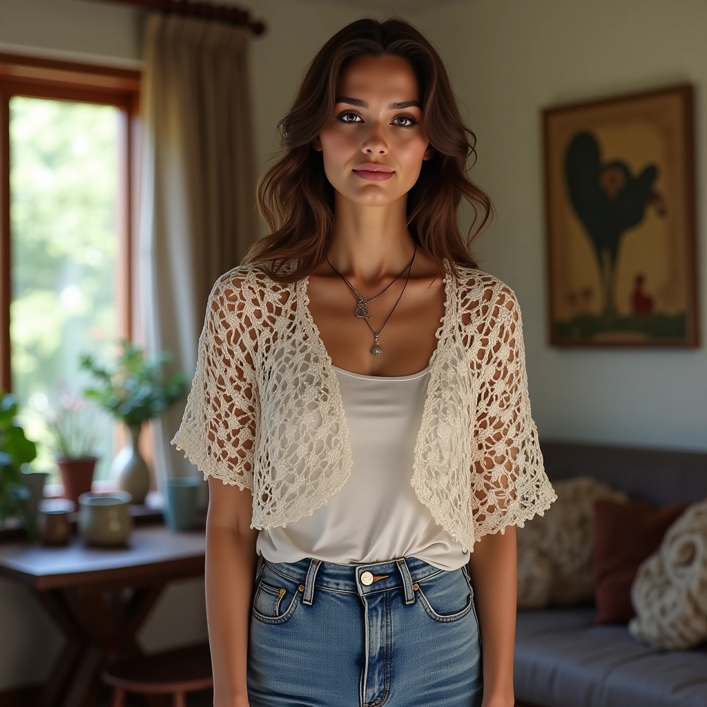 Mulher usando bolero de crochê com jeans e camiseta em apartamento aconchegante.