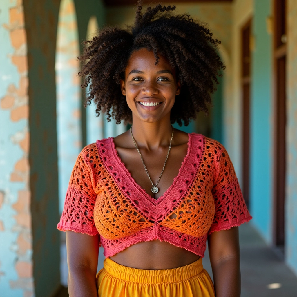 Mulher usando bolero de crochê com saia e blusa em cores vibrantes.
