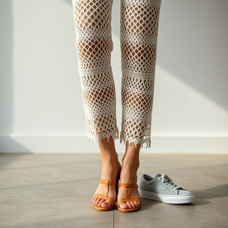 Mulher usando calça de crochê com diferentes tipos de sapatos: sandálias, saltos e tênis.