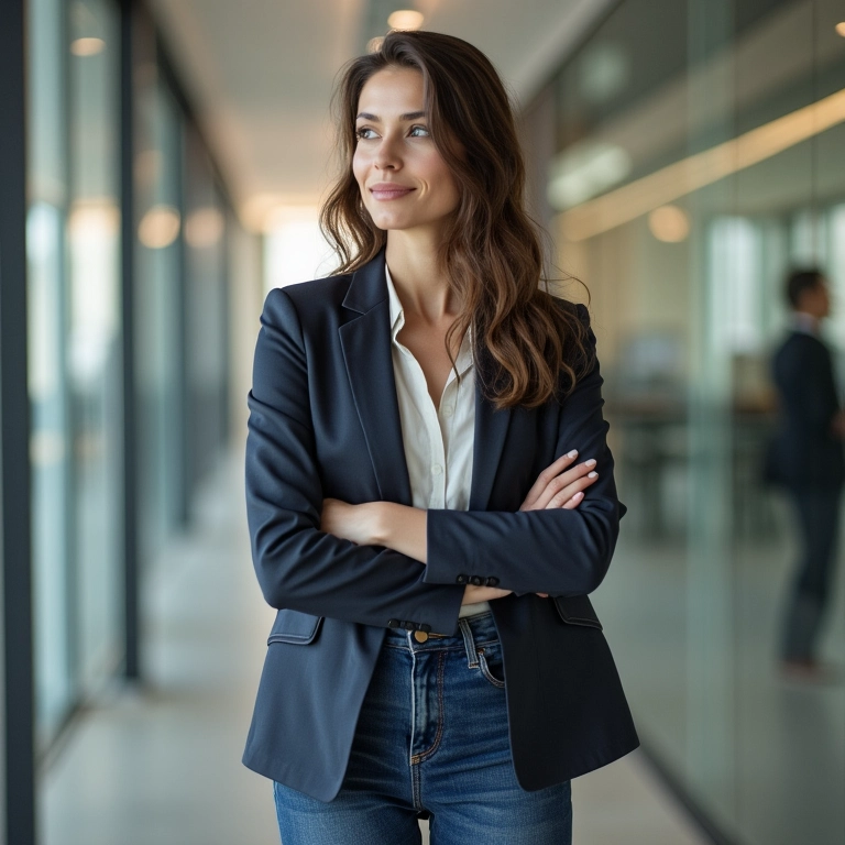 Mulher usando calça jeans escura em look para entrevista de emprego.