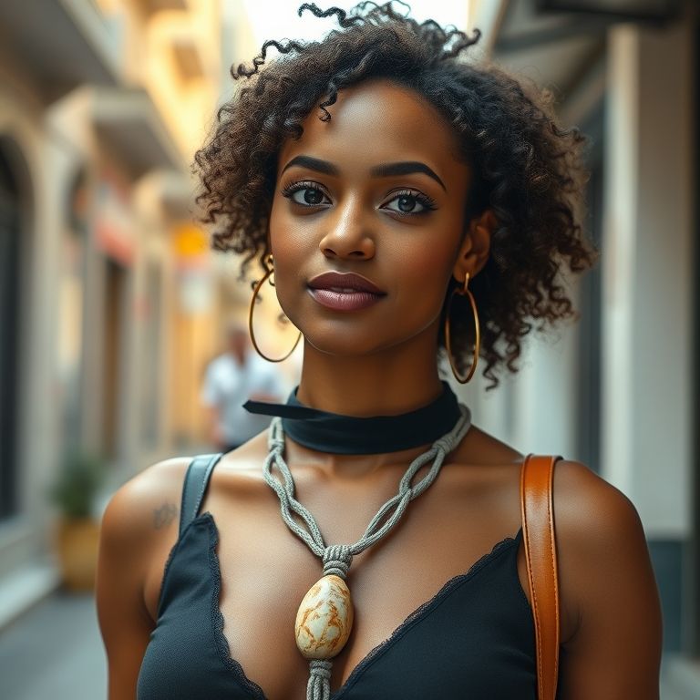 Mulher usando colar de macramê com pedra natural em cenário urbano no Rio de Janeiro.