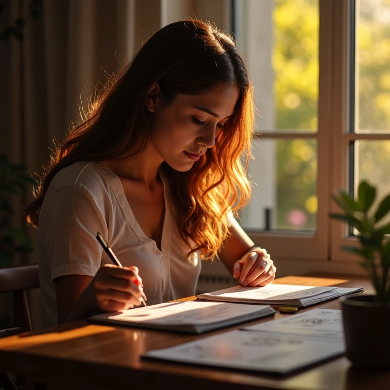 Mulher usando flashcards com repetição espaçada para memorização.