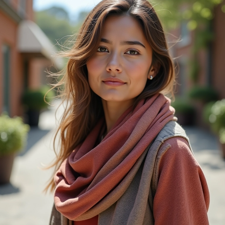 Mulher usando lenço estiloso em ambiente externo.