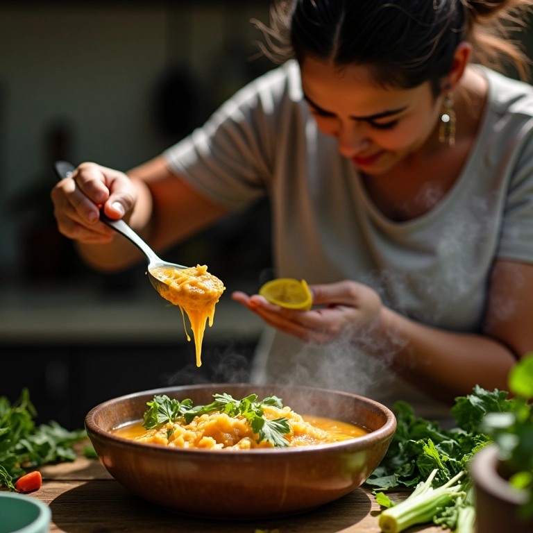 Mulher usando o caldo do feijão para preparar uma sopa de legumes.