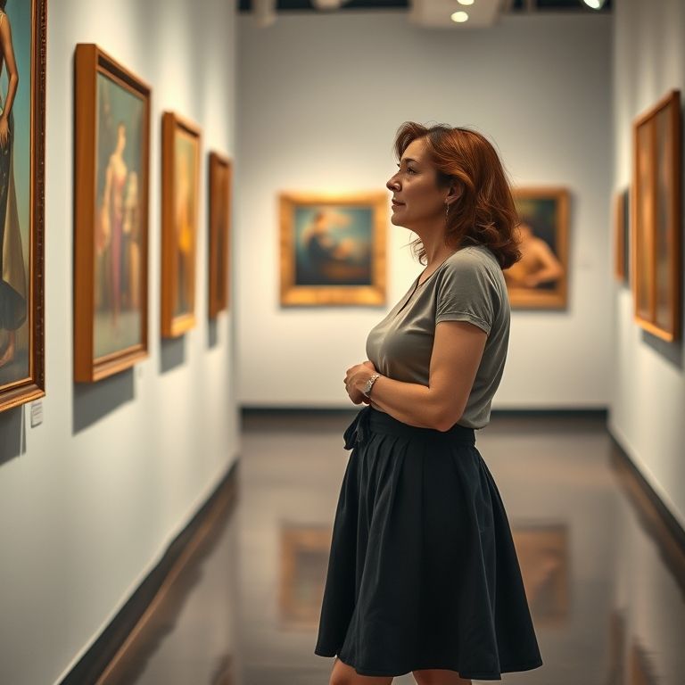 Mulher usando saia meia godê em galeria de arte.