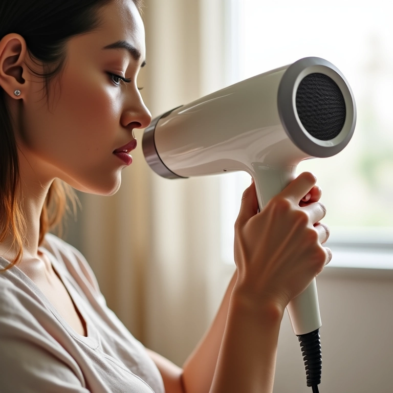 Mulher usando secador de cabelo com protetor térmico.