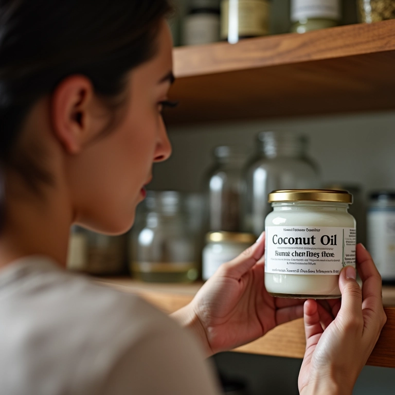 Mulher verificando validade do óleo de coco caseiro.