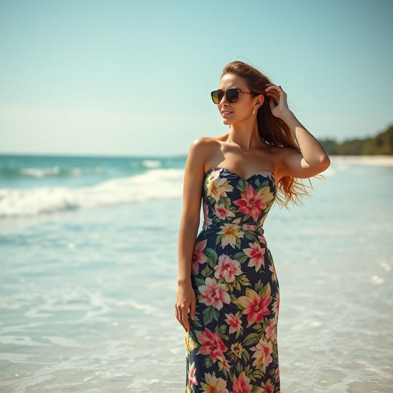 Mulher vestindo um vestido tubinho estampado na praia, com a costa brasileira ao fundo.