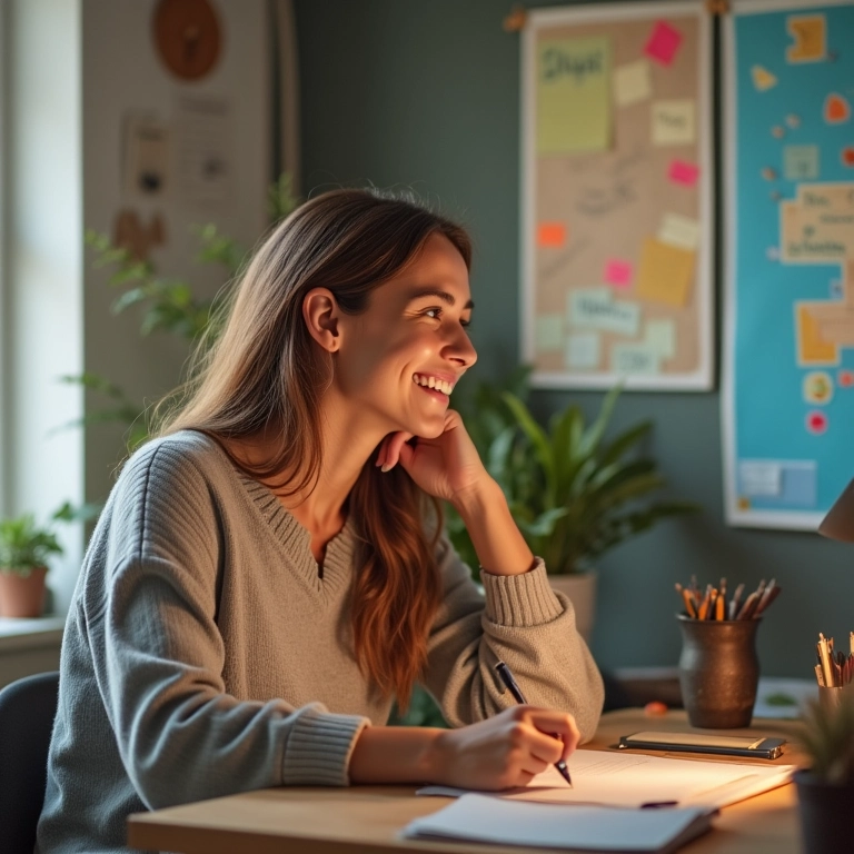 Mulher visualizando seus objetivos durante pausa no trabalho.