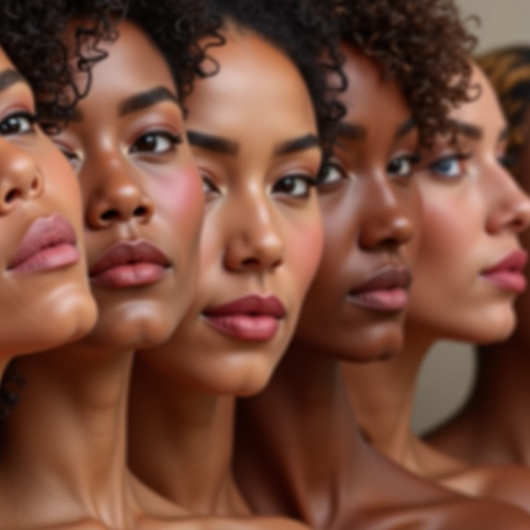Mulheres diversas aplicando blush em diferentes formatos de rosto.