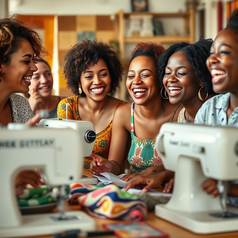 Mulheres diversas reunidas costurando necessaires coloridas.
