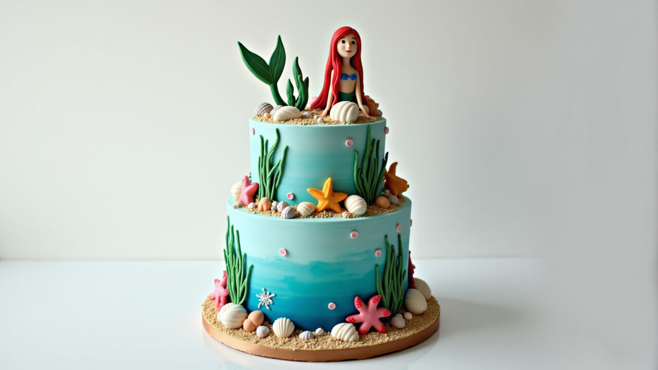 Multi-tiered Ariel cake, fondant water effect, seashells, seaweed, professional photography, 8K Bolo da Ariel de andar com efeito de água corrente e conchas.
