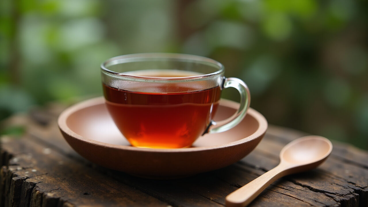 Mulungu bark tea in a wooden bowl, natural setting, earthy tones, 8k, lifestyle photography, Chá de mulungu, planta nativa do Brasil para um sono profundo.
