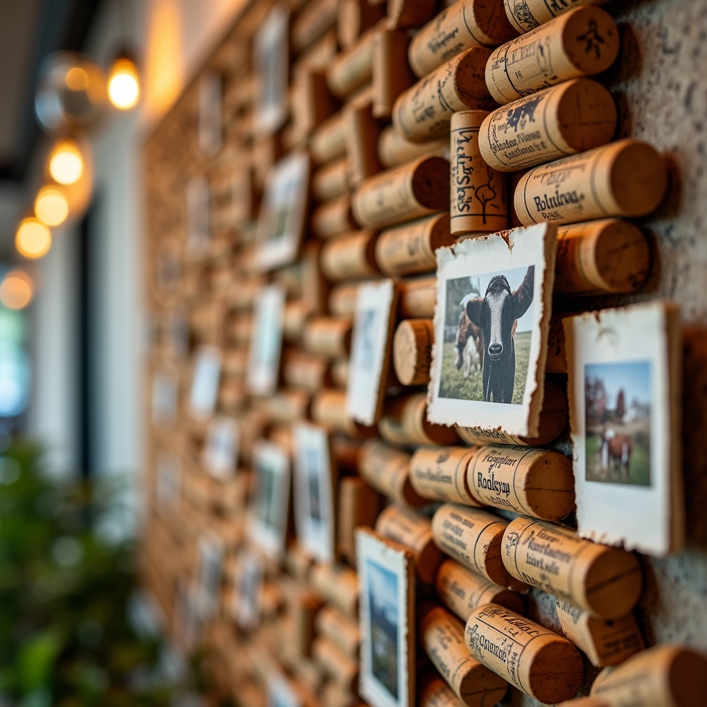 Mural de fotos feito com rolhas de vinho.