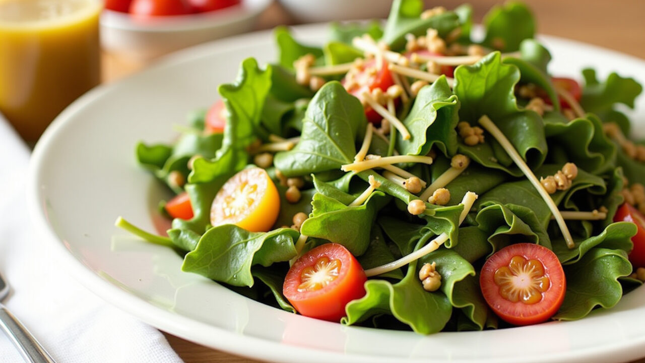 Mustard and honey dressing, green salad, vibrant colors, Brazilian ingredients, 8k, professional Molho de mostarda e mel para salada.