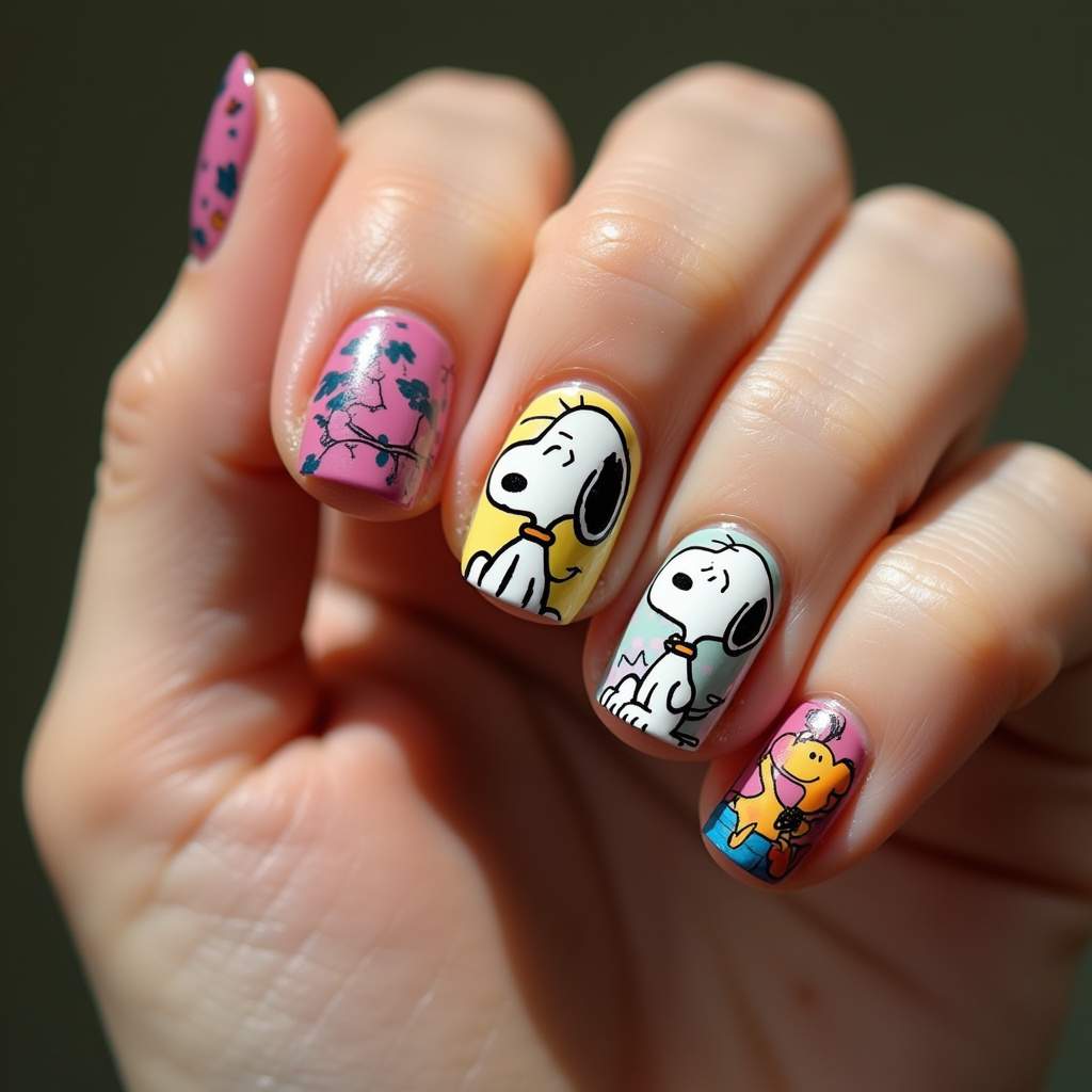 Nail art featuring Snoopy cartoon character, vibrant colors, playful design, natural lighting, 8K Unhas decoradas com o personagem Snoopy.
