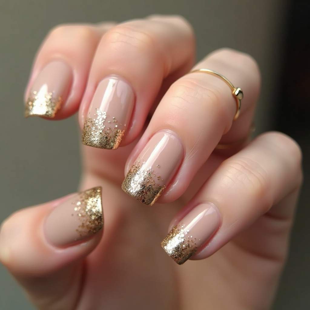 Nail art with a nude base color fading into chunky gold glitter at the tips, professional Unha degradê com glitter dourado.