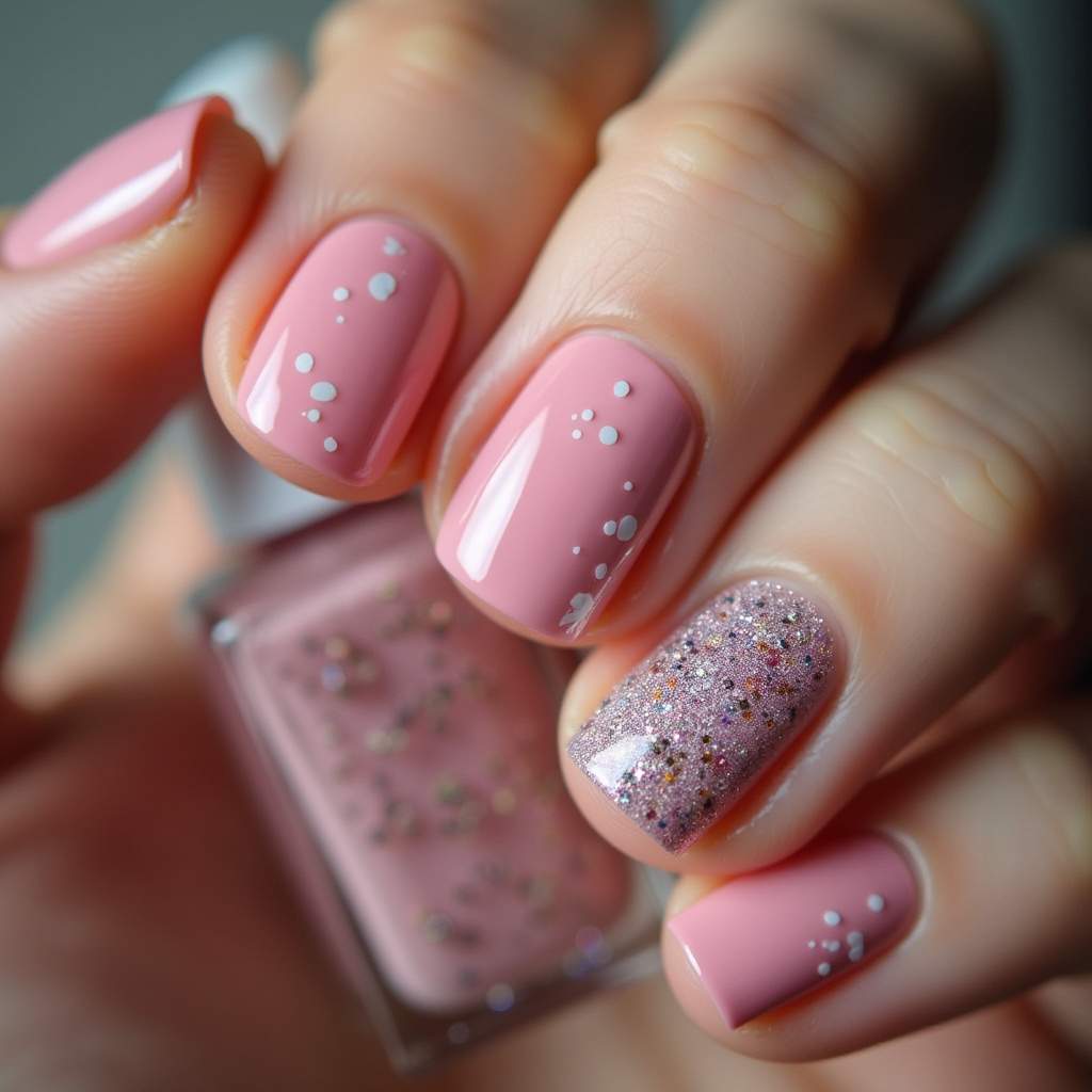 Nail art with glitter stickers applied over a solid color base, professional photography, 8K Unha com adesivos de brilho.