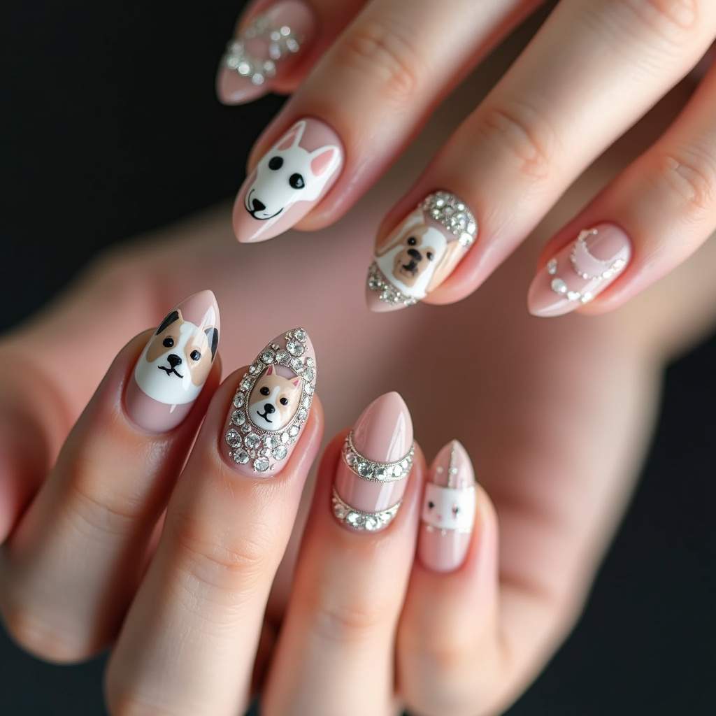 Nail art with rhinestones and dog-themed designs, sophisticated design, delicate details, natural Unhas decoradas com pedras e tema de cachorros.