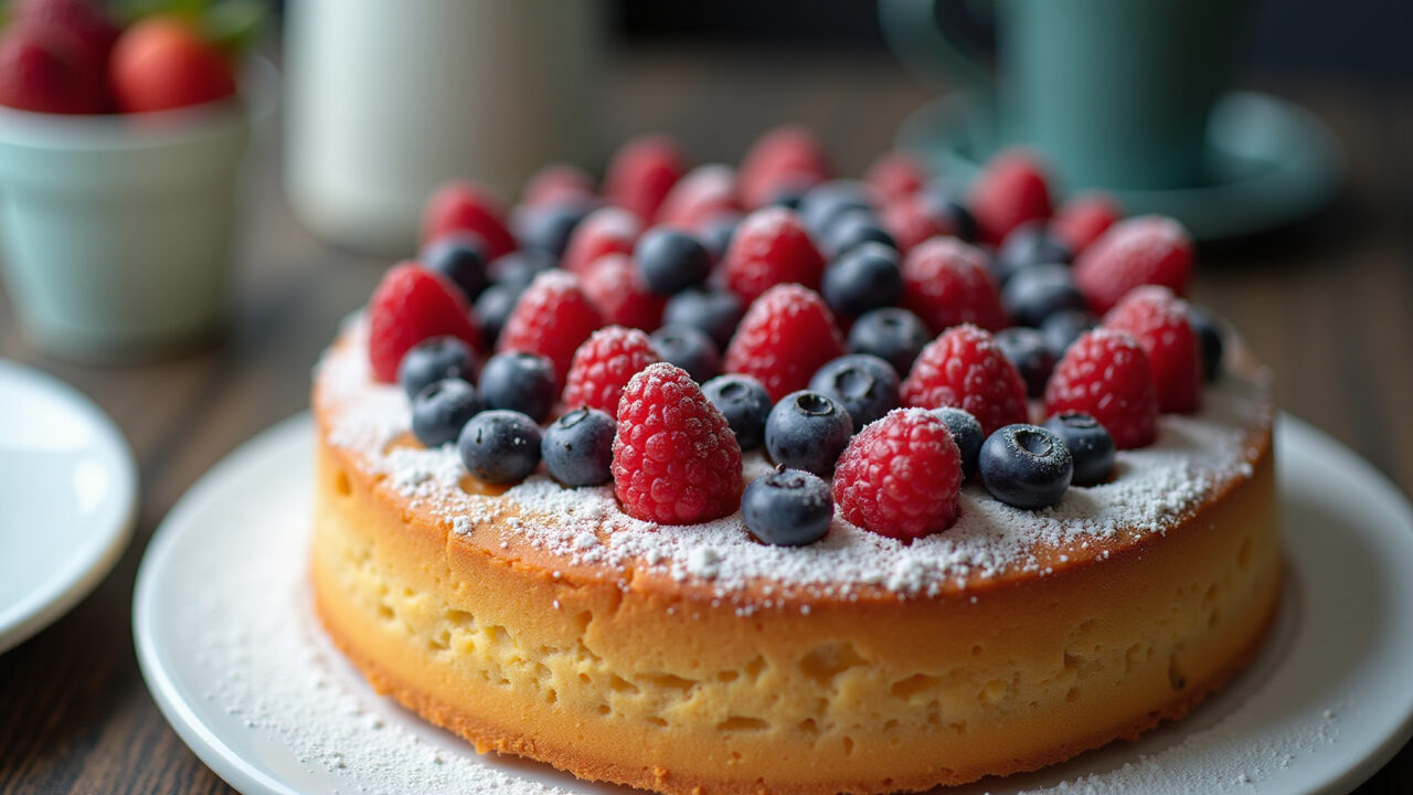 Naked cake decorated with fresh berries and powdered sugar, professional photography, 8K quality, Naked cake com frutas vermelhas.