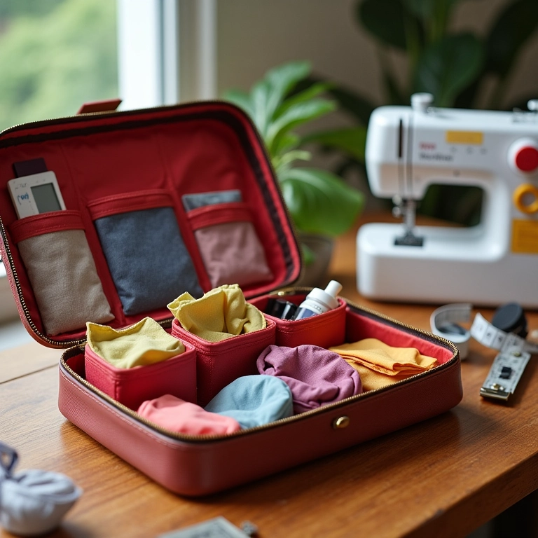 Necessaire prática e charmosa feita à mão com tecidos coloridos e produtos de beleza.