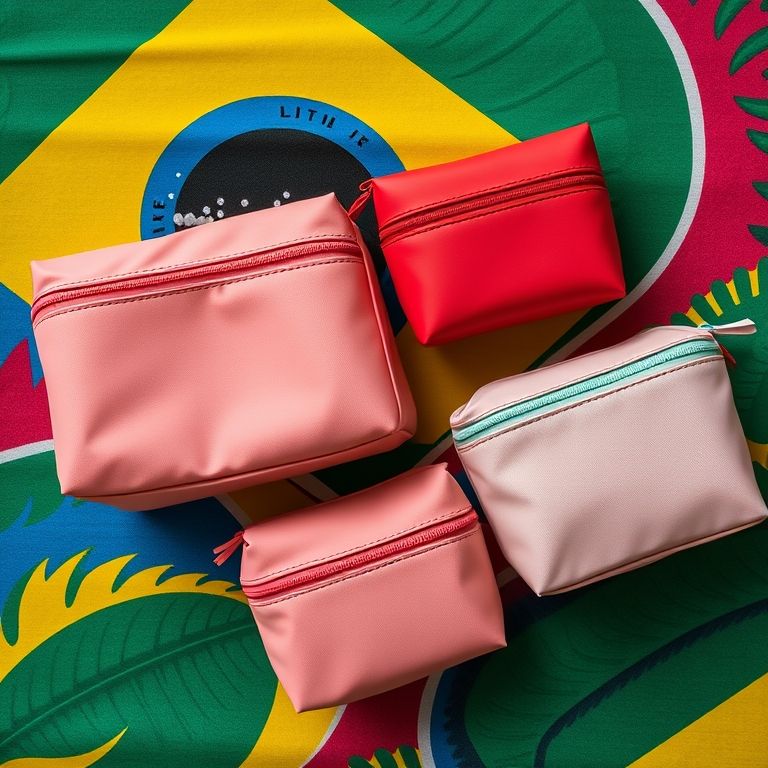 Necessaires box de tamanhos diferentes sobre tecido colorido.