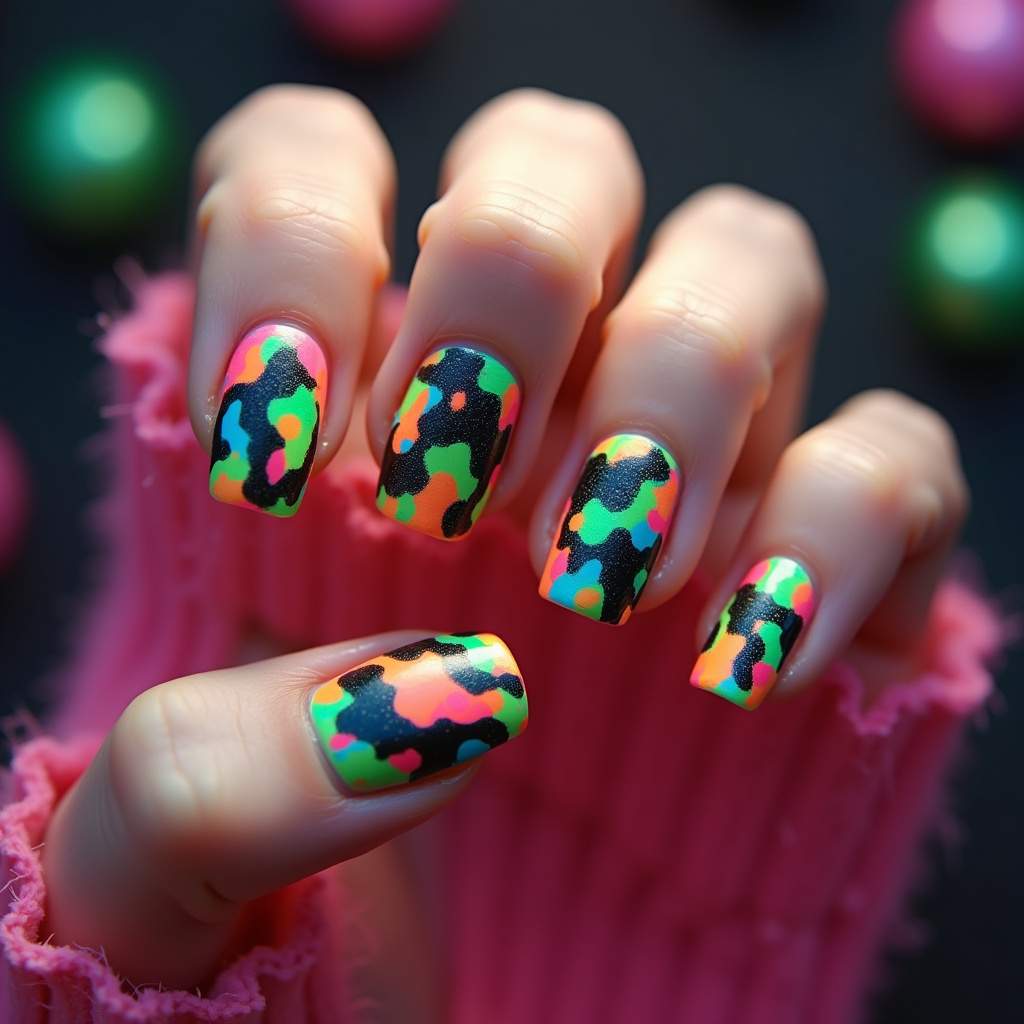 Neon camouflage nail art, vibrant colors, party style, professional photography, 8K quality, sharp Unha camuflada neon vibrante e ousada.