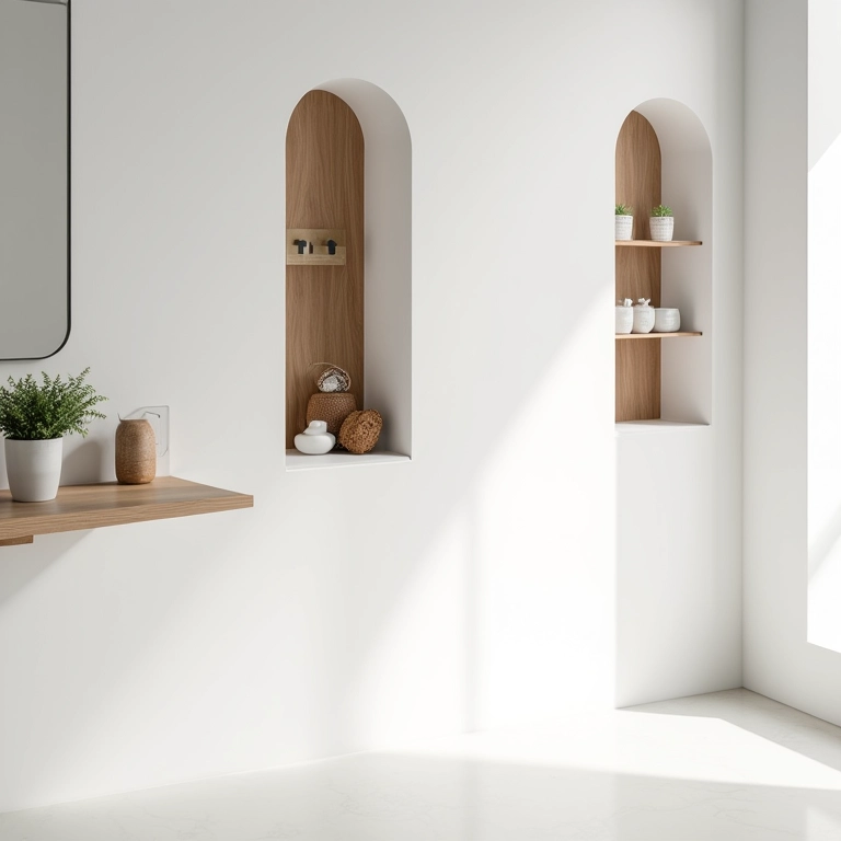 Nichos de madeira embutidos na parede branca.