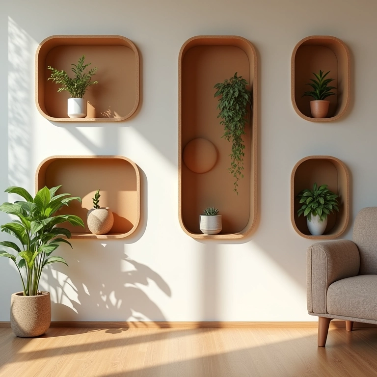 Nichos decorativos de parede feitos com caixas de papelão modulares.