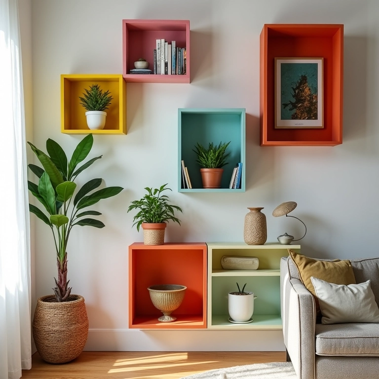 Nichos decorativos feitos com caixas de MDF recicladas em parede colorida.