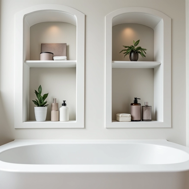 Nichos e prateleiras para organizar produtos de banho no banheiro jacuzzi.