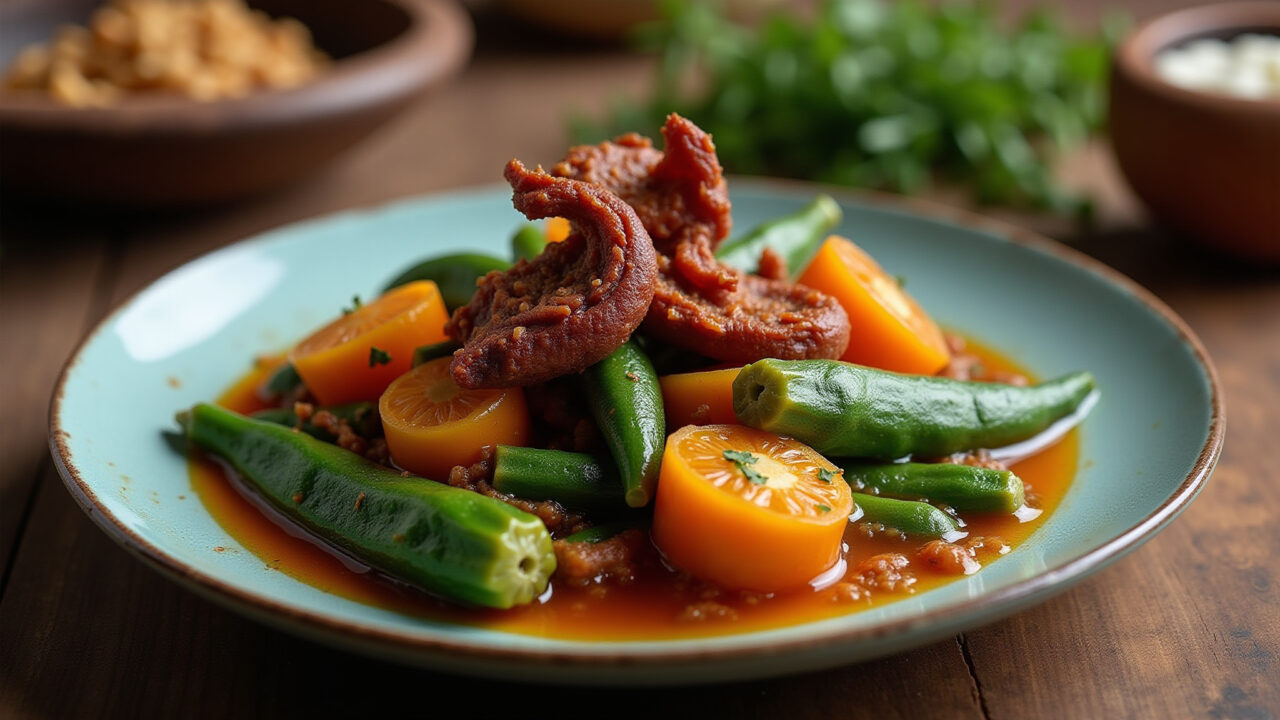 Northeast Brazil okra with dried meat, rustic plate, traditional setting, vibrant colors, natural Quiabo com carne seca.