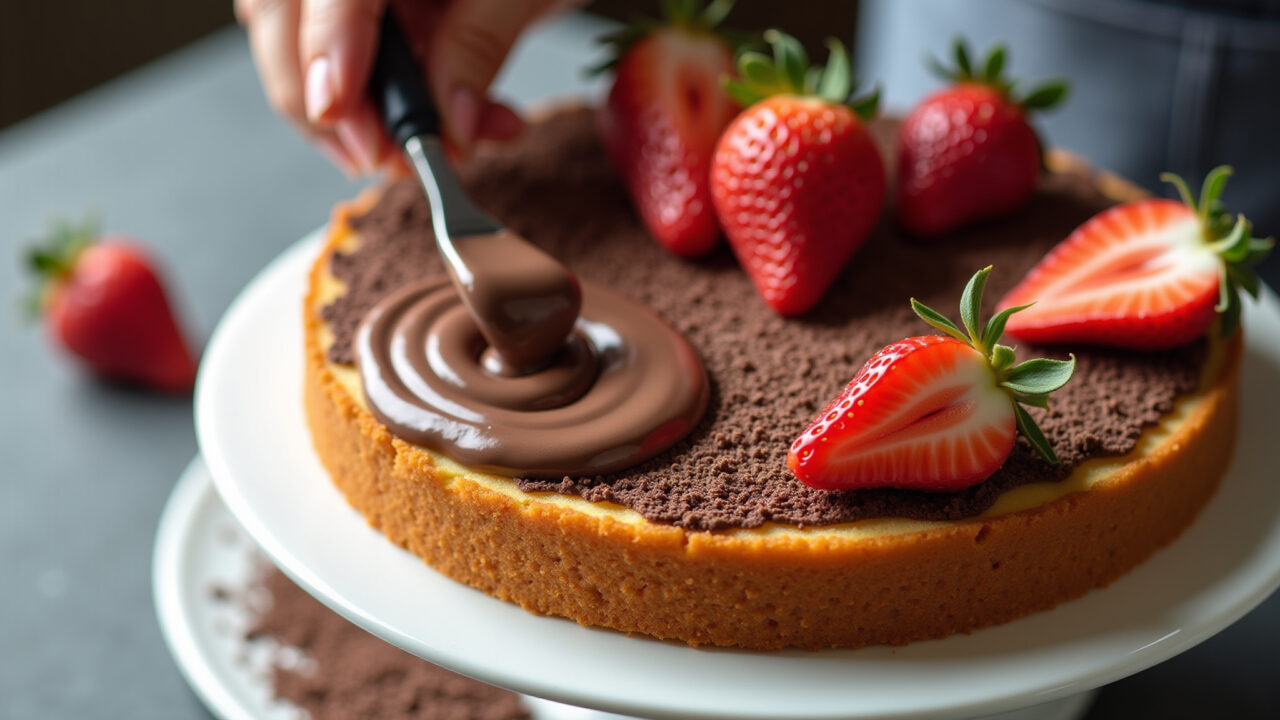 Nutella filling being spread on a cake layer, with fresh strawberries and chocolate shavings. Recheio de Nutella para bolo e tortas.