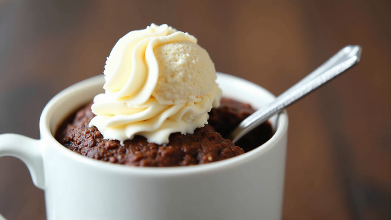 Nutella mug cake in a white mug, with a scoop of vanilla ice cream on top. Professional Bolo de caneca com Nutella no microondas.