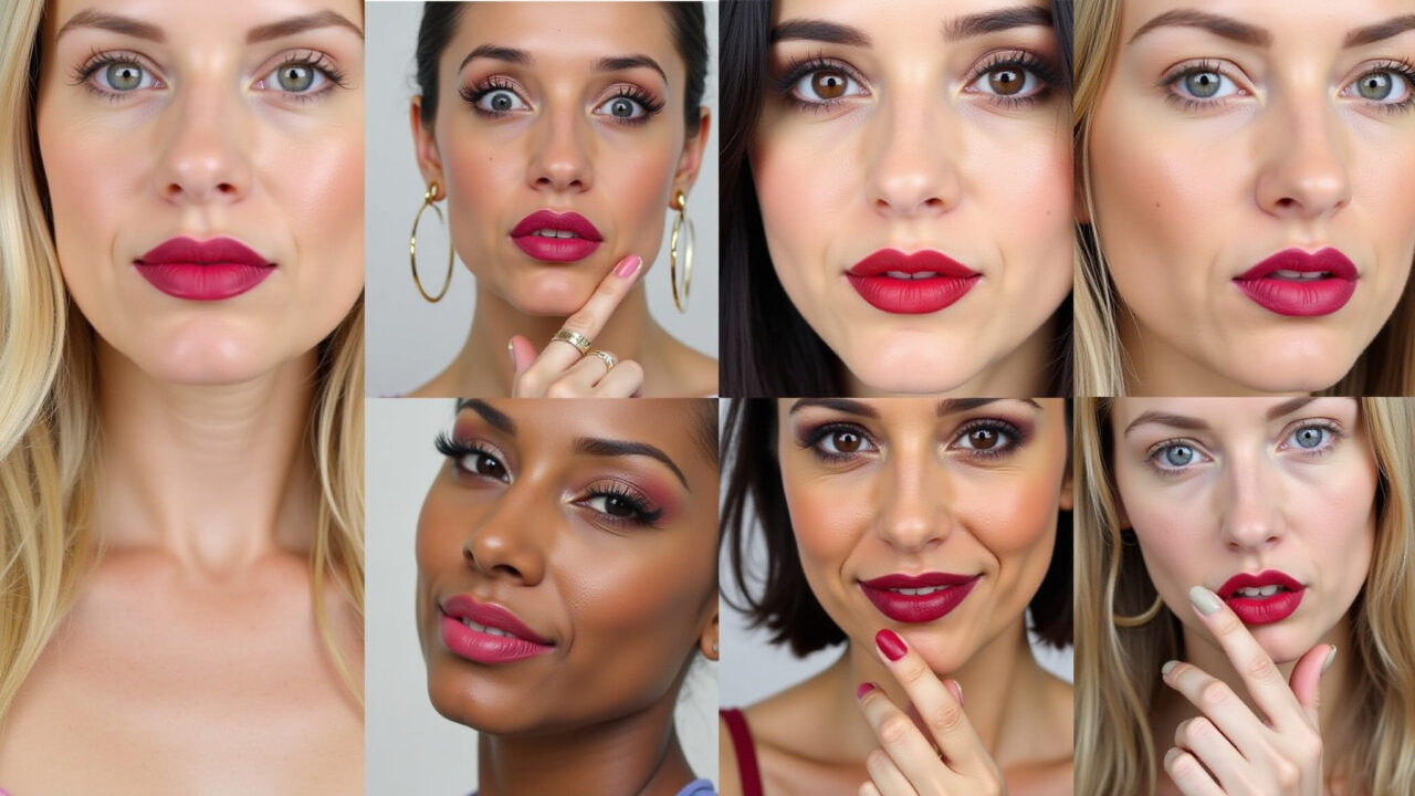 Nyx Soft Matte Lip Cream Monte Carlo swatches on different skin tones, studio lighting, 8k, Amostras do batom Nyx Monte Carlo em diferentes tons de pele.