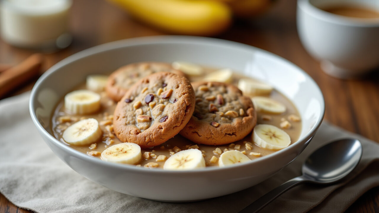 Oatmeal with whey protein cookies, cinnamon, and sliced bananas, natural light, 8K, sharp focus, Mingau de aveia com whey de cookies