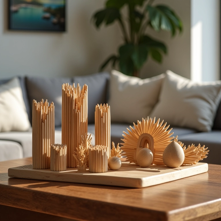 Objetos decorativos feitos com palitos de picolé reciclados em uma mesa de centro.
