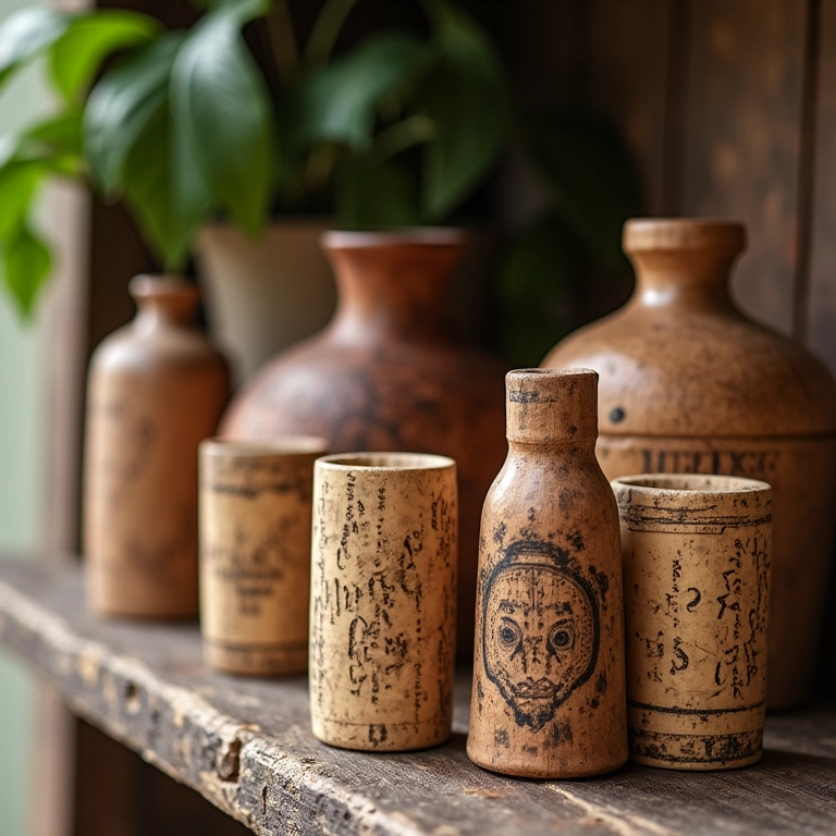 Objetos decorativos feitos com rolhas de vinho recicladas em uma prateleira rústica.