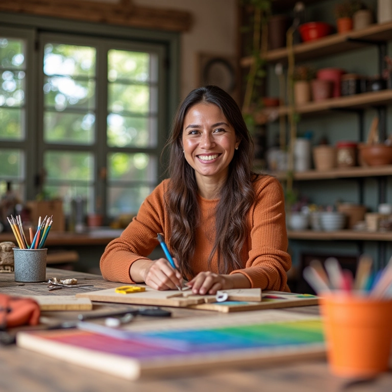 Oficina vibrante com projetos de reciclagem de MDF e uma artesã sorrindo.