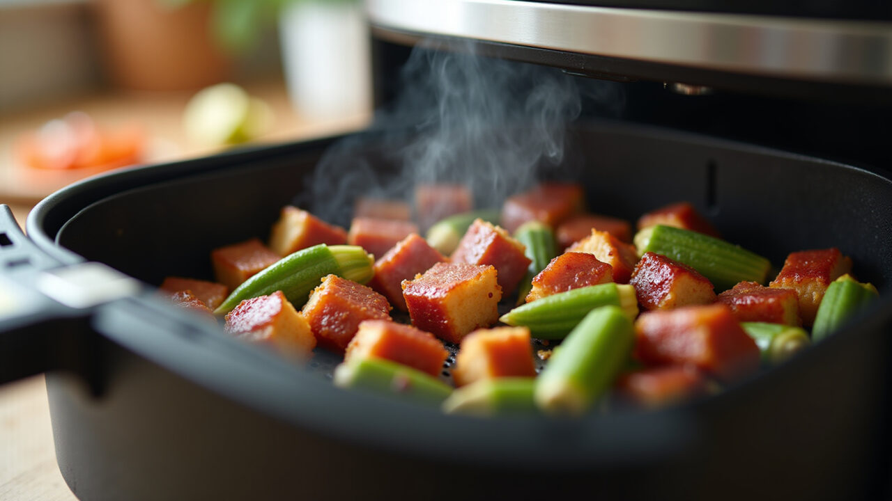 Okra and bacon cubes in air fryer basket, close-up, smoky bacon, kitchen counter, natural light, Quiabo com bacon sendo preparado na airfryer.