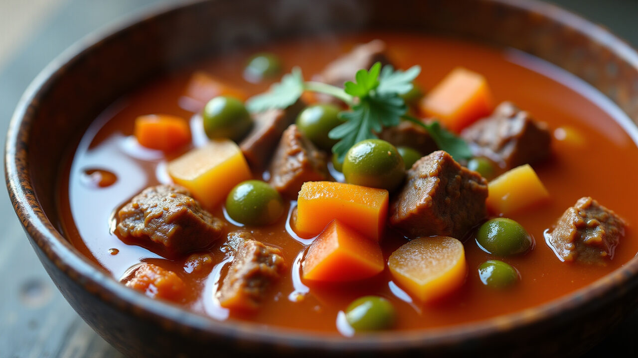 Okra and beef soup, hearty meal, rustic bowl, vibrant colors, natural light, 8K, lifestyle Sopa de quiabo com carne, prato quente.