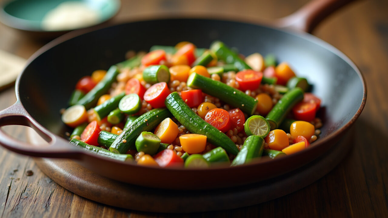 Okra and gilo stir-fry, colorful vegetables, rustic pan, natural light, 8K, professional Quiabo com jiló, mistura inusitada.