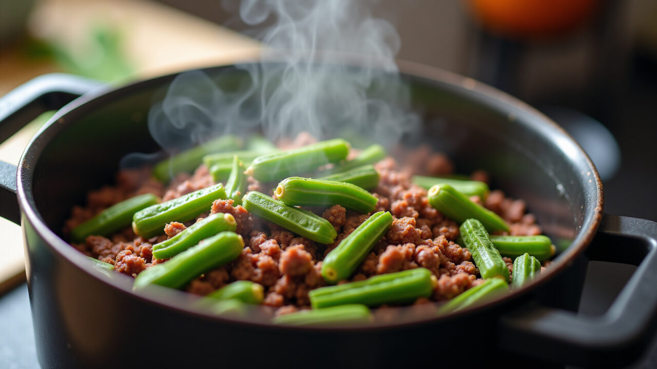 Okra and ground beef being prepared in a pressure cooker, steam rising, close-up shot, professional Quiabo com carne moída cozinhando na panela de pressão.